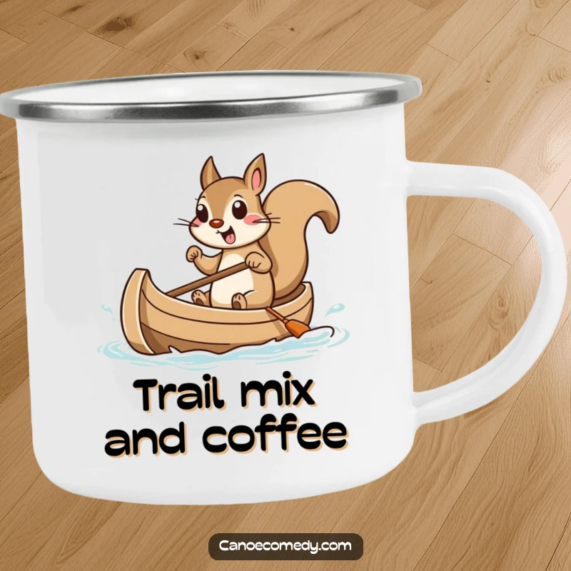 Funny enamel camping mug featuring a squirrel with excitement steering a miniature canoe, perfect for outdoor beverages.