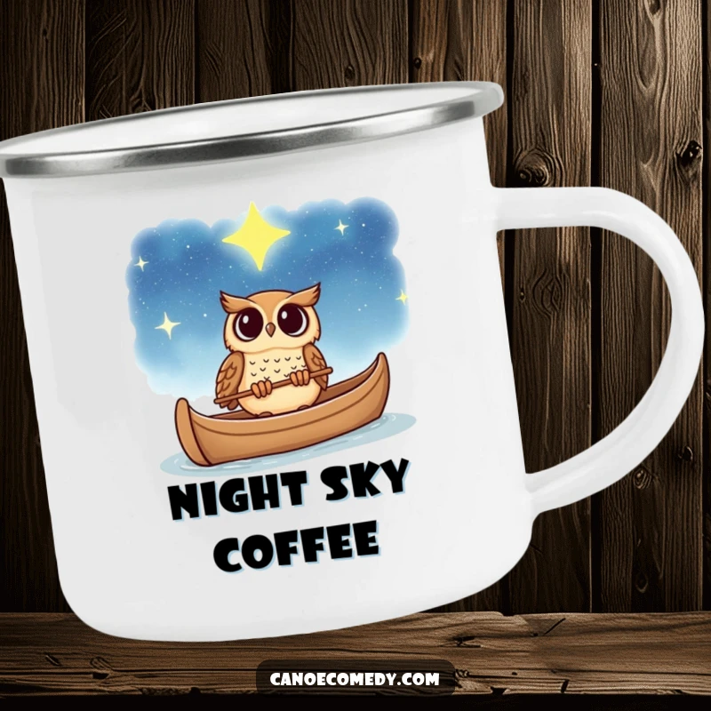 Funny owl camping mug, gazing in wonder at a starry sky from a canoe, a humorous and durable outdoor mug.