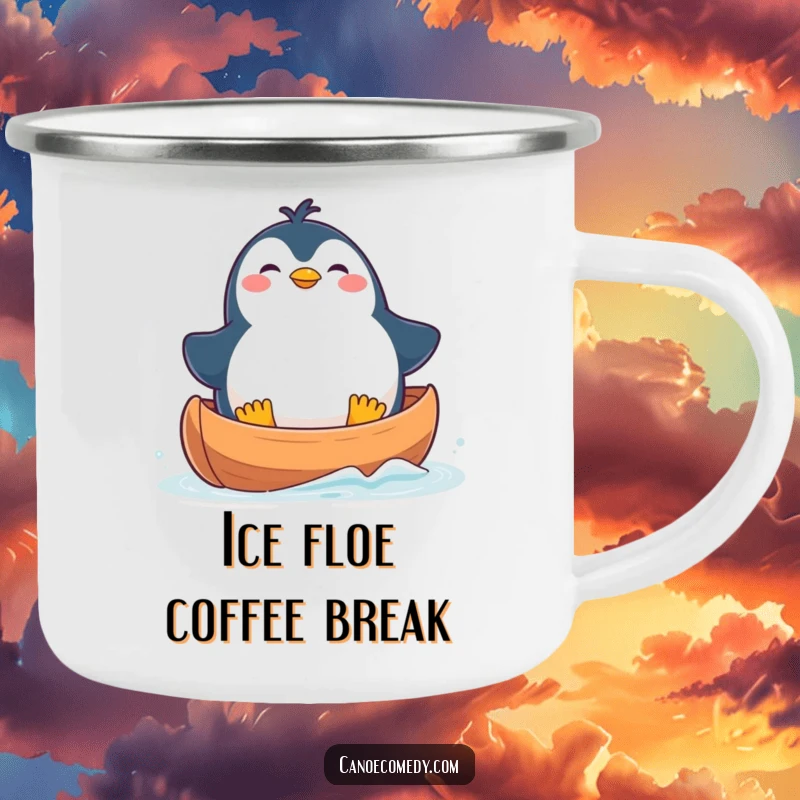 Funny Camping Mug featuring a plump, happy kawaii penguin in a canoe, ready for any adventure. Sturdy and amusing.