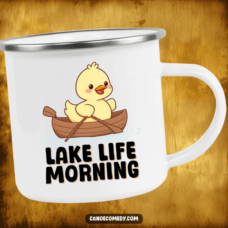 Cute Kawaii duck in a tiny canoe paddling with a smile, printed on a rugged and humorous camping mug.