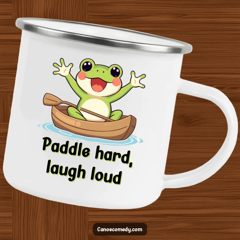 Funny Kawaii frog in a canoe, waving with excitement, a rustic and humorous camping mug for beverages.