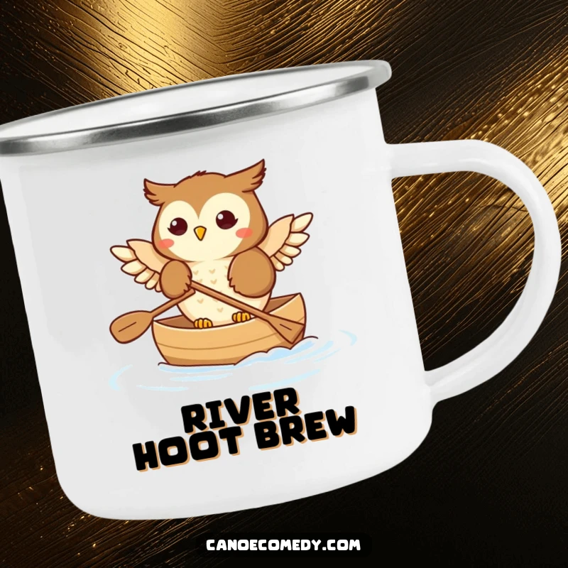 Funny Owl Camping Mug: A sturdy camping mug showing a happy owl paddling a canoe.