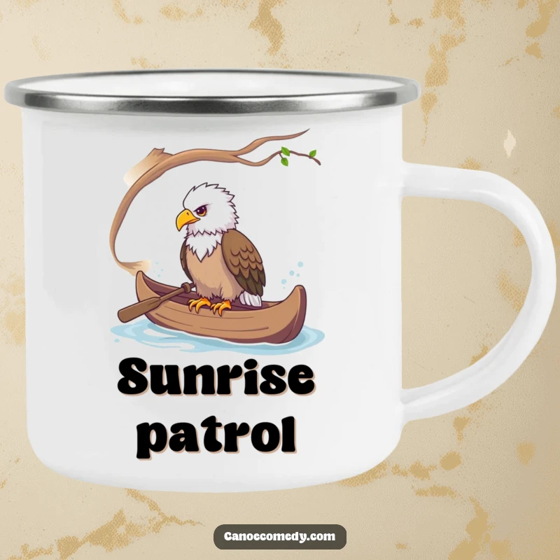 Funny camping mug showing a majestic eagle perched in a canoe, observing the wilderness.