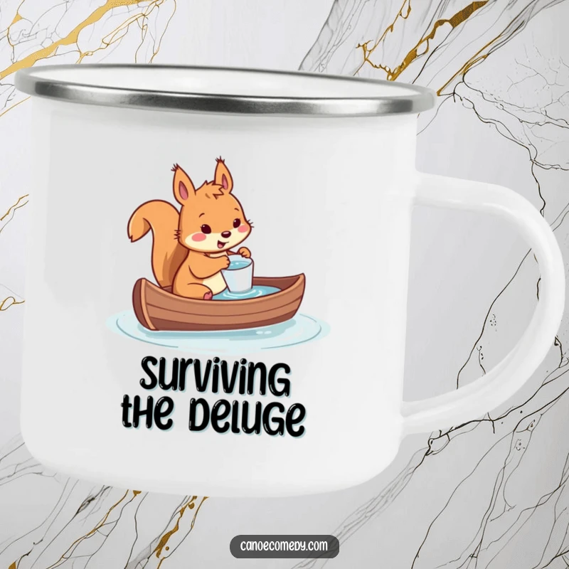 Funny camping mug with a squirrel comically bailing water from a sinking canoe with a tiny cup, ideal for humorous outdoor hydration.
