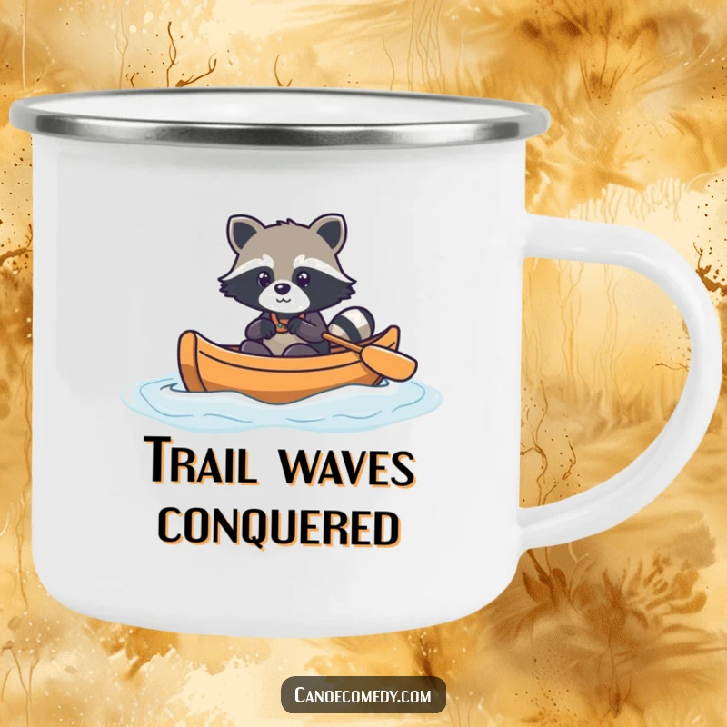 Funny kawaii raccoon in a canoe, navigating gentle waves, cute camping mug, outdoor gear, gift for adventurers.
