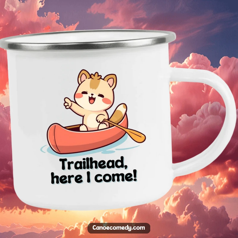 Funny Kawaii animal character excitedly pointing forward from a canoe on a durable camping mug for adventurers.