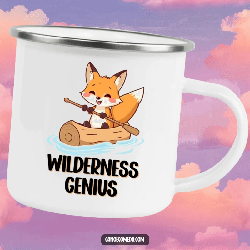 Funny camping mug showcasing a smiling fox expertly piloting a canoe, ideal for humorous outdoor beverage enjoyment.