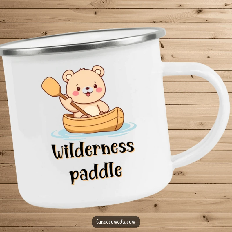 Funny Kawaii Bear River Camping Mug with a cute bear character enthusiastically waving a paddle from a canoe, perfect for outdoor enjoyment.