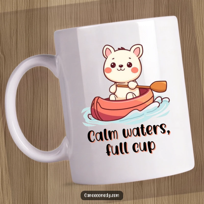 Funny Kawaii animal character steering a colorful canoe through gentle waves, looking calm and enjoying the ride, on a mug.