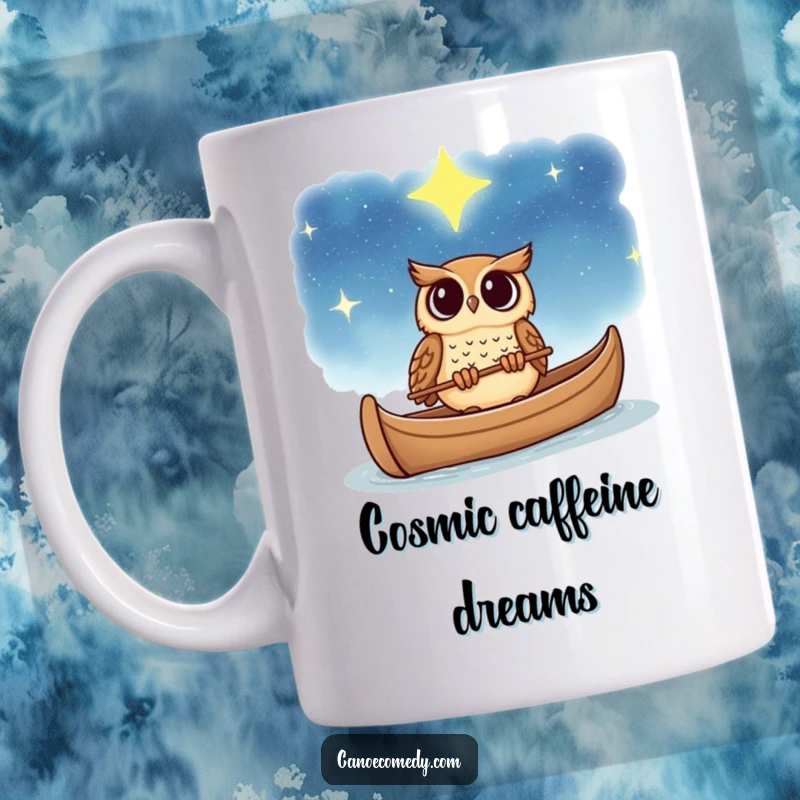 Funny owl mug, gazing in wonder at a vast starry sky from a canoe, embodying curiosity and cosmic amazement.