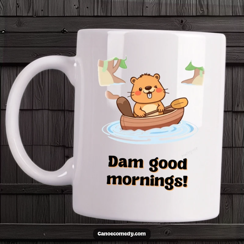 Funny mug showing a happy cartoon beaver pushing a canoe through water, conveying diligence and cheerfulness, a perfect funny gift.