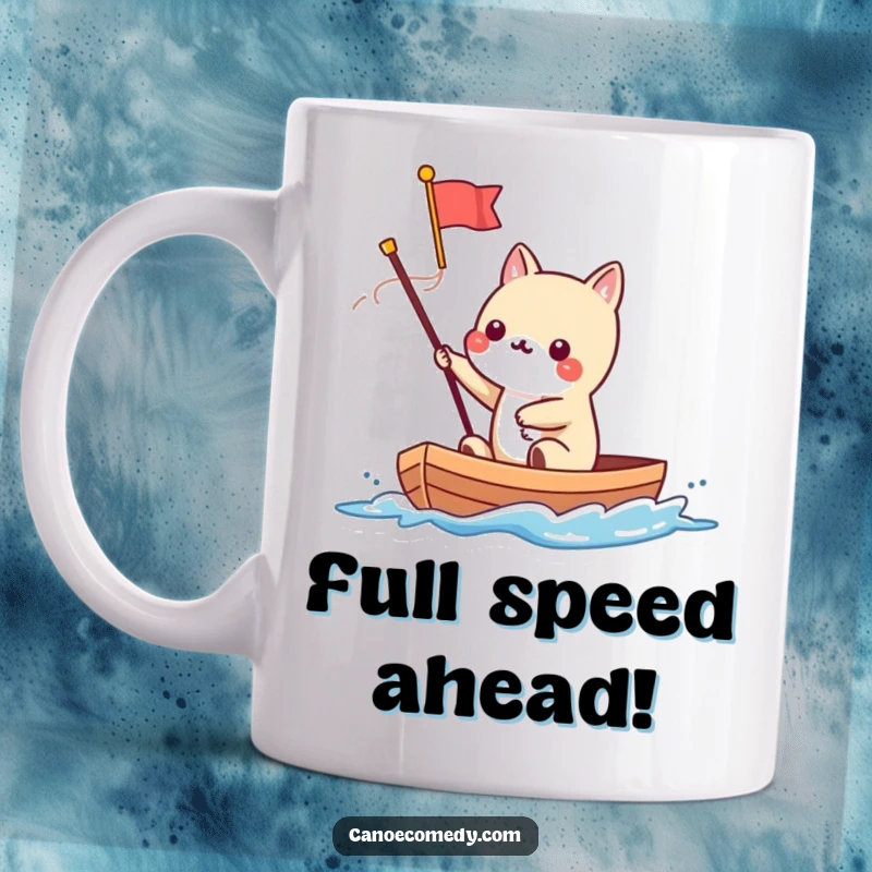 Funny Kawaii animal character waving a tiny flag from a speeding canoe on a mug, conveying excitement and speed.