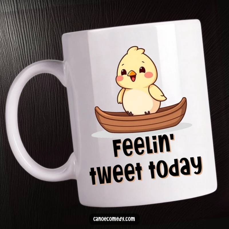 Funny chirpy bird character happily sitting in the front of a canoe, conveying a joyful adventure for a funny gift.