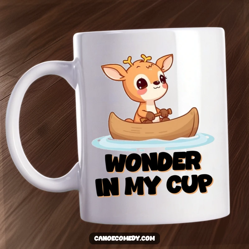 Funny Deer Wonder Canoe Mug, showing a small deer looking up in awe from a canoe, symbolizing curiosity.