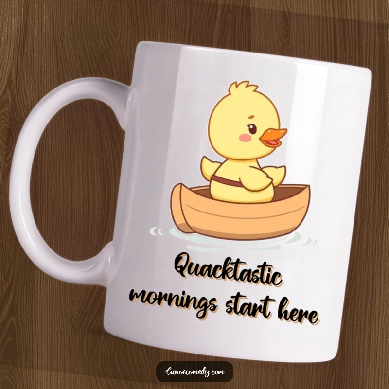 Funny happy duckling mug riding in a tiny canoe with a big smile, adorable and cheerful gift for bird enthusiasts.