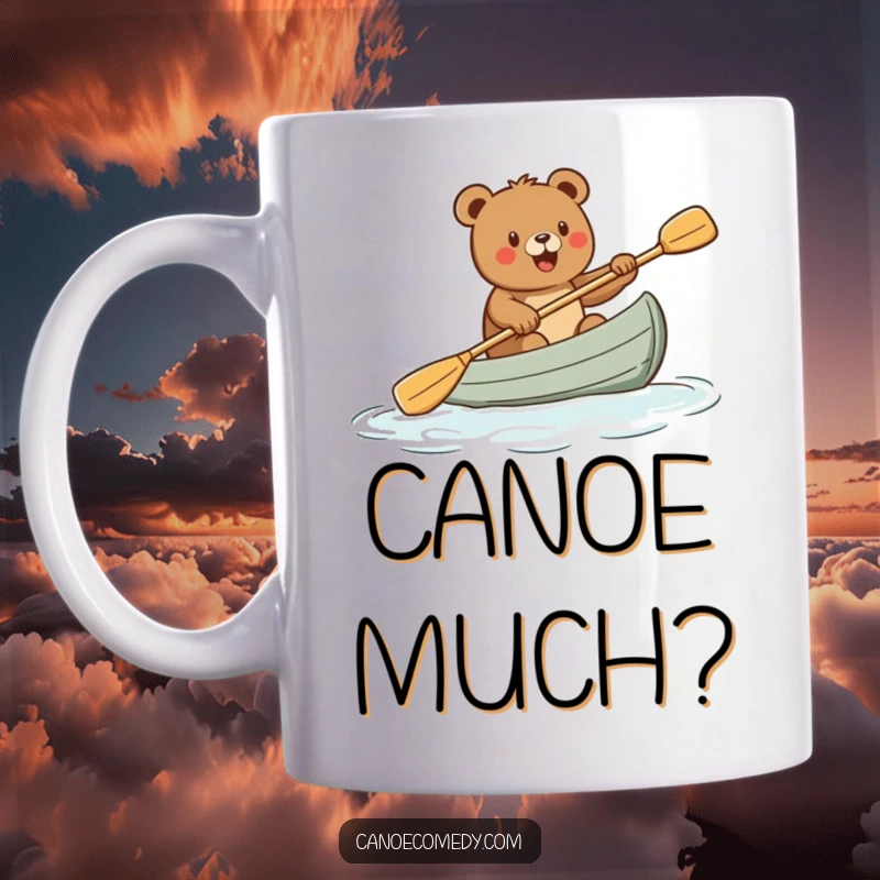 Funny mug with a cartoon bear enthusiastically paddling a canoe, showcasing pure joy and outdoor adventure, a perfect funny gift.