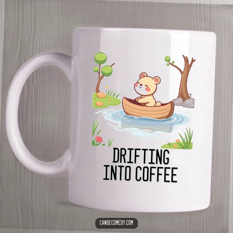 Funny mug of a joyful animal giggling as its canoe drifts peacefully down a calm stream, embodying pure, unadulterated fun.