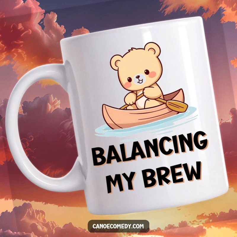 Funny Kawaii bear cub mug showing a cute bear cub wobbling precariously while trying to balance in a canoe.
