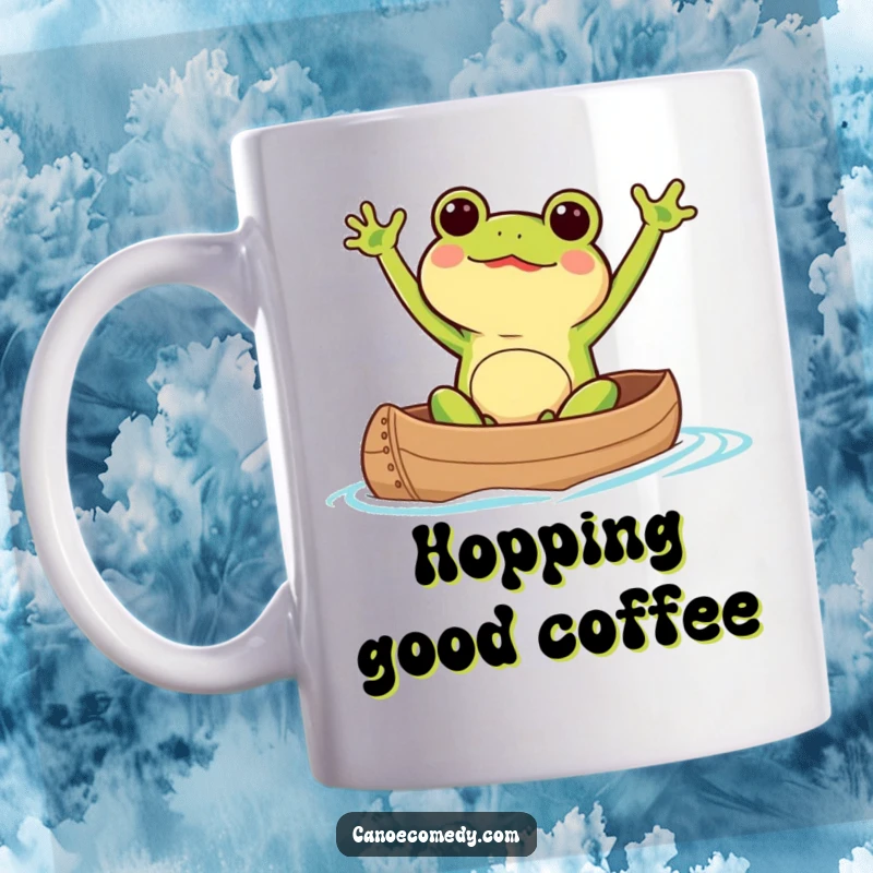 Funny Kawaii frog excitedly waving its arms while paddling a canoe, full of joy and motion.