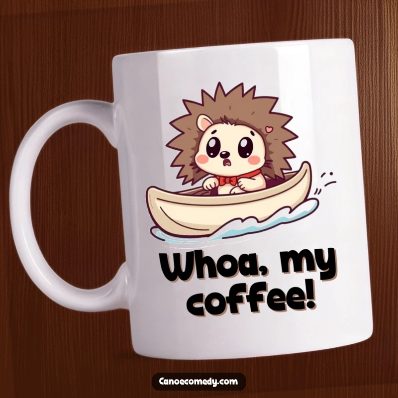 Funny Kawaii hedgehog mug showing a surprised hedgehog in a canoe as it suddenly speeds up.
