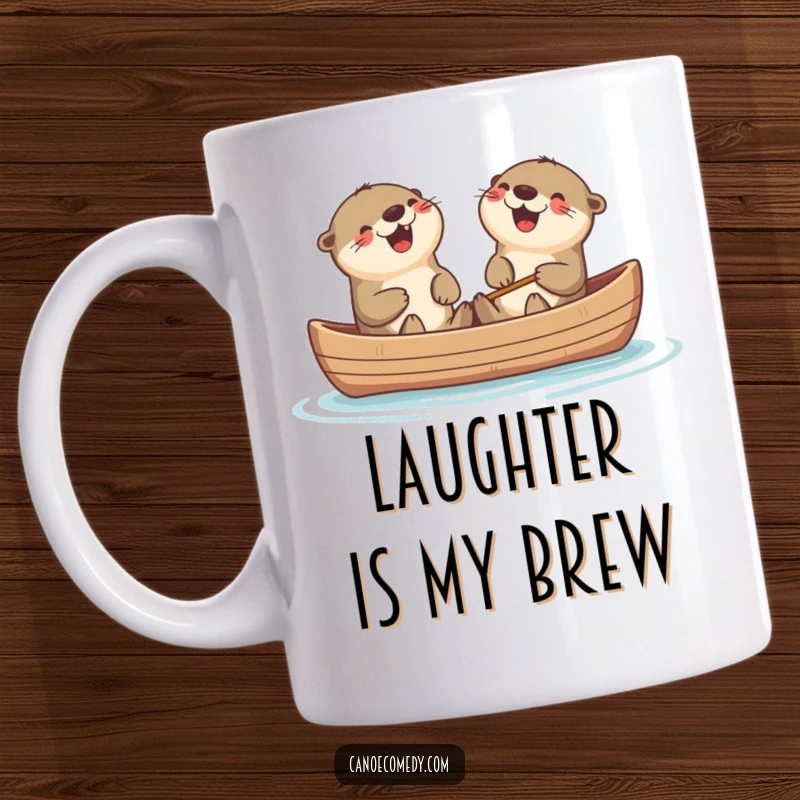 Funny Kawaii otters in a canoe, sharing a hearty laugh, a delightful and humorous mug for coffee lovers.
