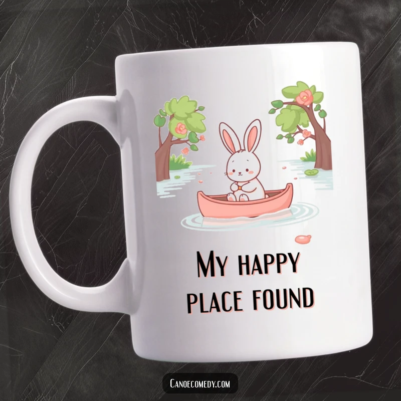 Funny kawaii rabbit peacefully paddling a canoe on calm blue water, serene expression, nature-themed gift mug.
