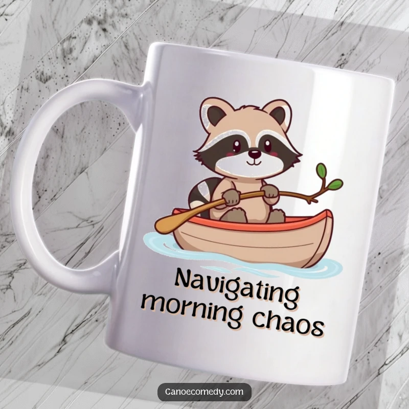 Funny Kawaii raccoon in a canoe, steering with a twig, looking determined and resourceful.