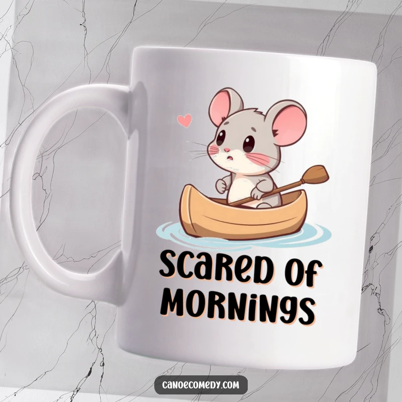 Funny small mouse character looking petrified and scared while in a canoe, expressing comical fear for a funny gift.