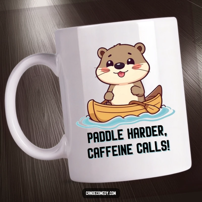 Funny Mug featuring a kawaii otter character confidently steering a canoe with a gleeful, determined expression, ready for aquatic fun.
