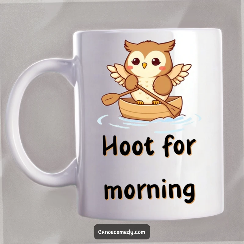Funny Owl Mug: A happy owl with wide wings joyfully paddles a small canoe, its wings gently touching the water.