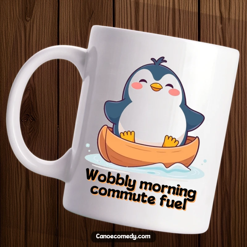 Funny Mug featuring a plump, kawaii penguin character looking comically unbalanced but delighted while sitting in a canoe.
