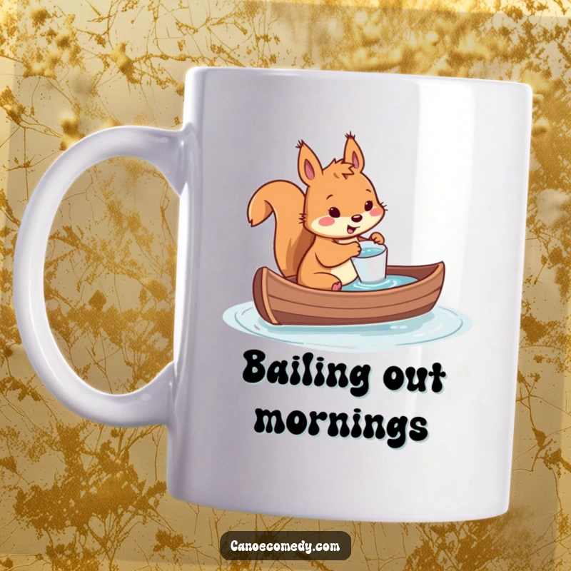 Funny mug showing a squirrel frantically bailing water from a sinking canoe with a comically small cup, full of frantic energy.