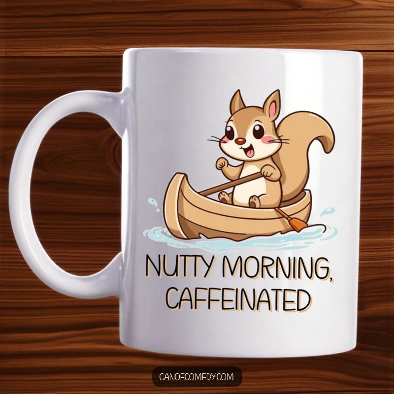 Funny squirrel mug showing a squirrel expertly steering a tiny canoe with immense excitement, ready for adventure.