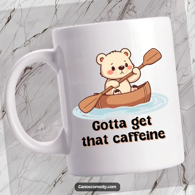 Funny image of a small, determined bear cub intensely paddling a canoe with all its might.