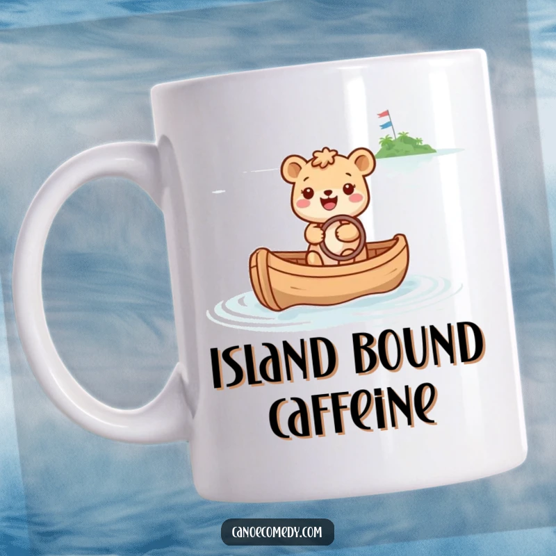 Funny mug of a cheerful animal steering a canoe towards a shimmering, sparkly island, embodying joyful pursuit and aspiration.