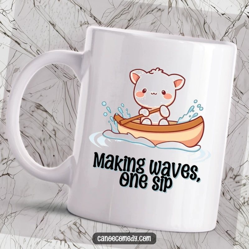 Funny Kawaii animal character playfully splashing water from a canoe, radiating joy and a love for fun, on a mug.