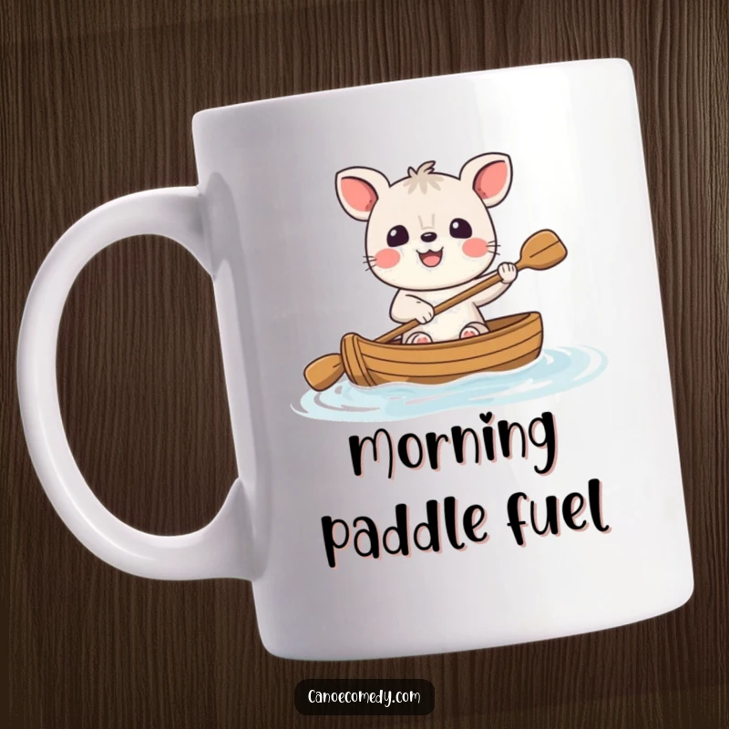 Funny cheerful animal mug, a happy character smiling broadly while paddling a small canoe, radiating pure joy and humorous contentment.