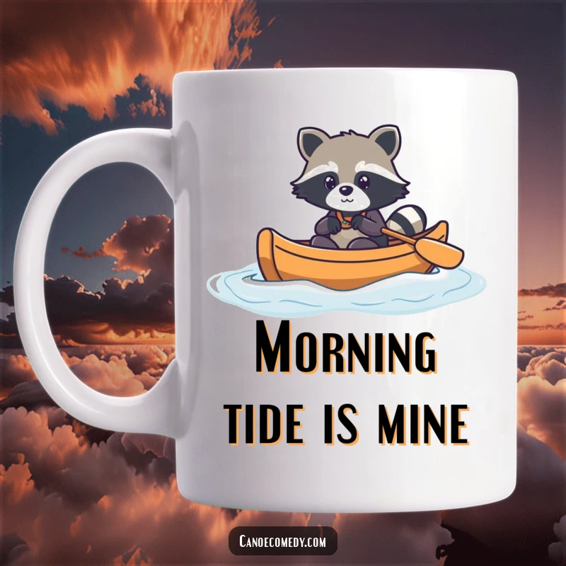 Funny kawaii raccoon navigating a canoe through gentle blue waves, cute explorer animal mug.
