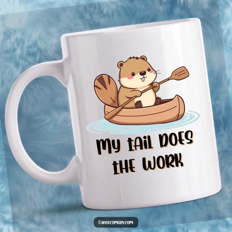 Funny Kawaii beaver in a tiny canoe, expertly paddling with its tail, a humorous and charming scene for a coffee mug.