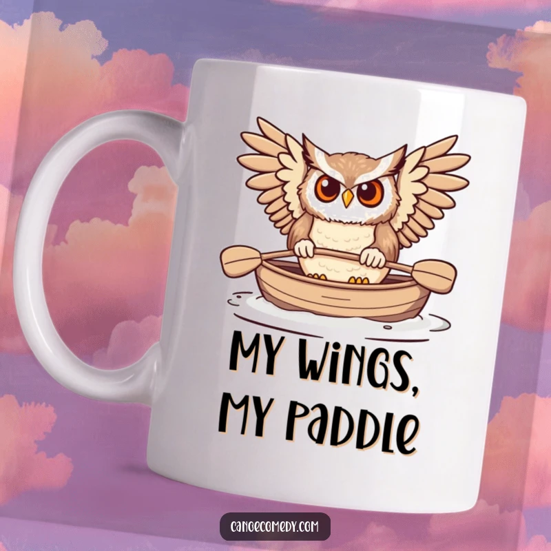 Funny Owl Paddling Canoe Mug, showing a determined owl using its wings like paddles, navigating its canoe with focused intensity.
