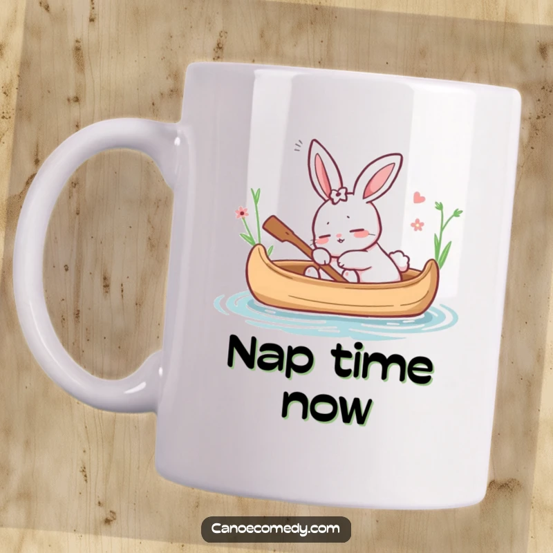 Funny mug with a cartoon rabbit peacefully dozing in a canoe, conveying ultimate relaxation and tranquility, a perfect funny gift.