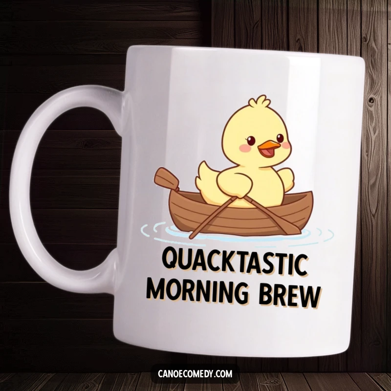 Funny Kawaii duck with a big smile, paddling a tiny canoe, radiating happiness and charm.