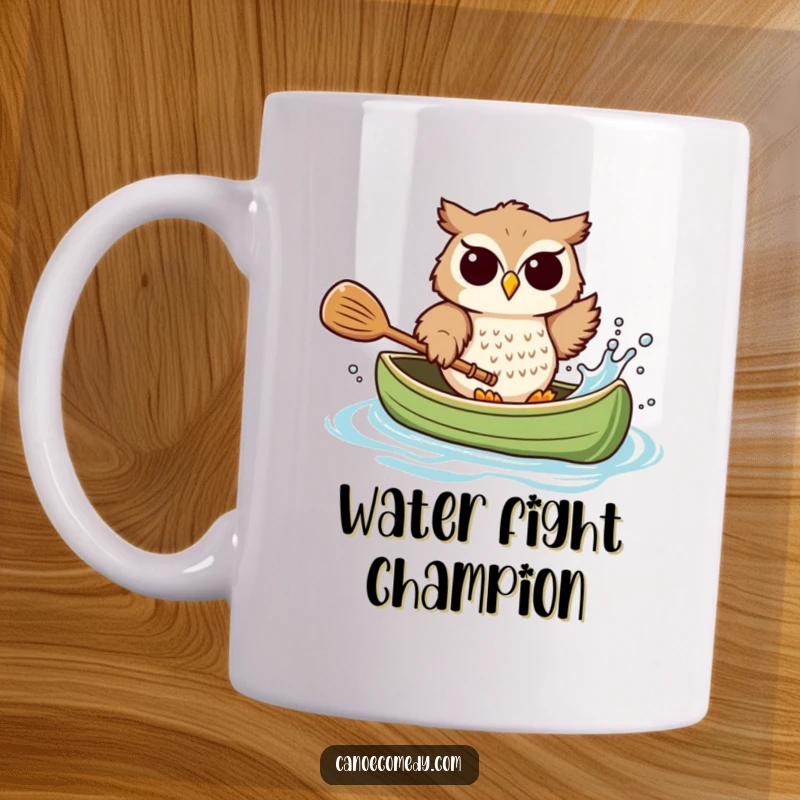 Funny owl mug, gleefully splashing water out of a canoe with a paddle, embodying pure, unadulterated fun.