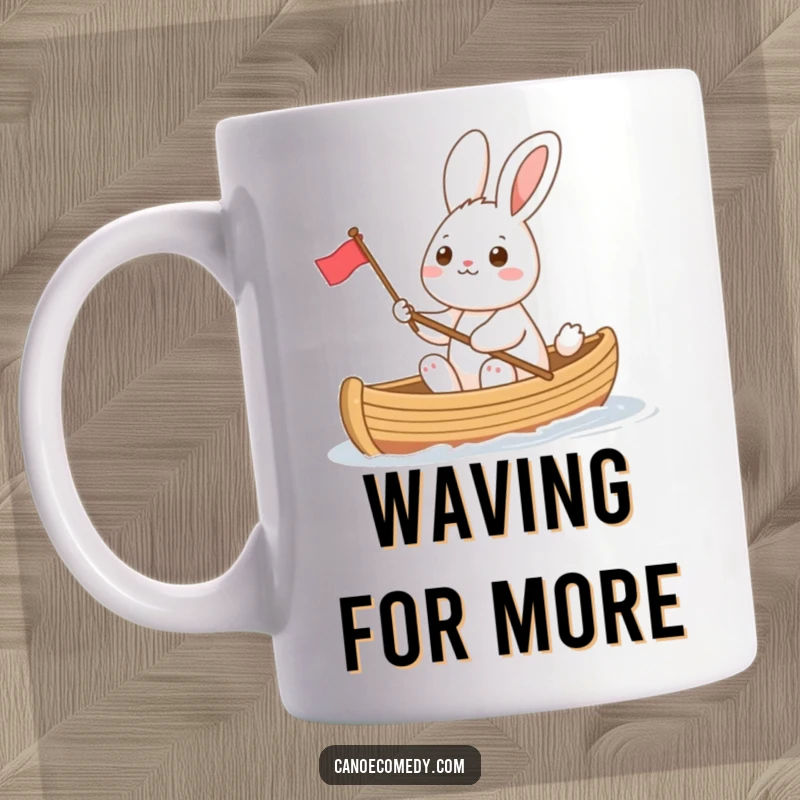 Funny cheerful rabbit in a canoe, waving a tiny flag with enthusiasm, spreading joy and optimism, a humorous depiction of a happy traveler.