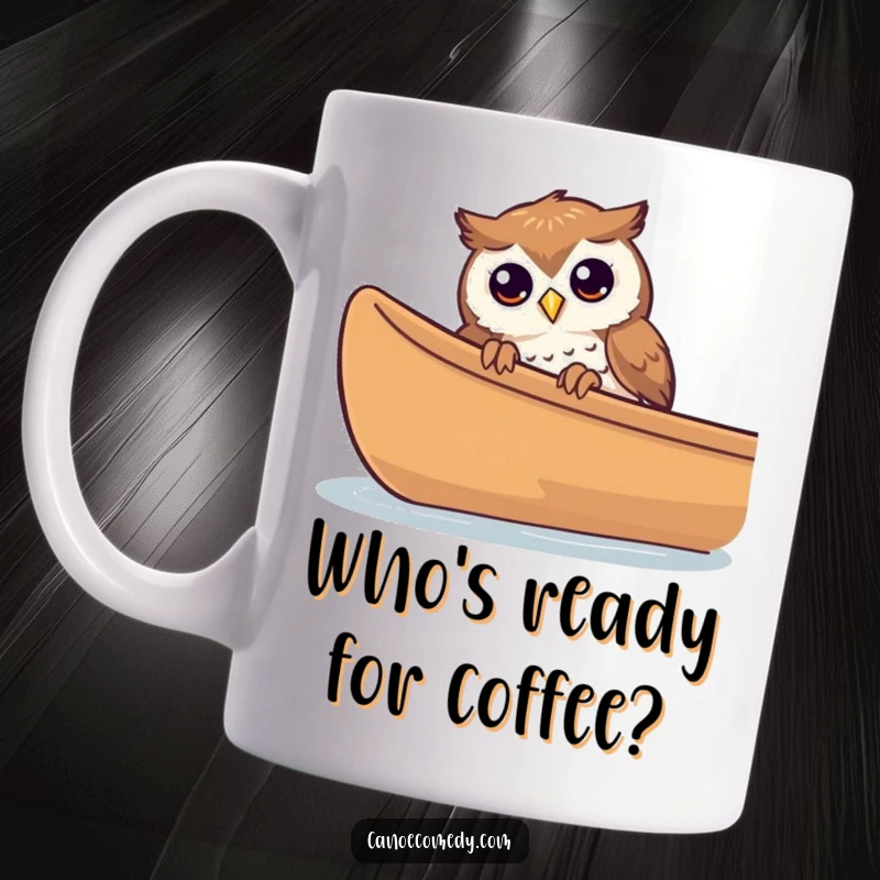 Funny curious owl peeking over the edge of a canoe on a mug, showing wonder and humor.