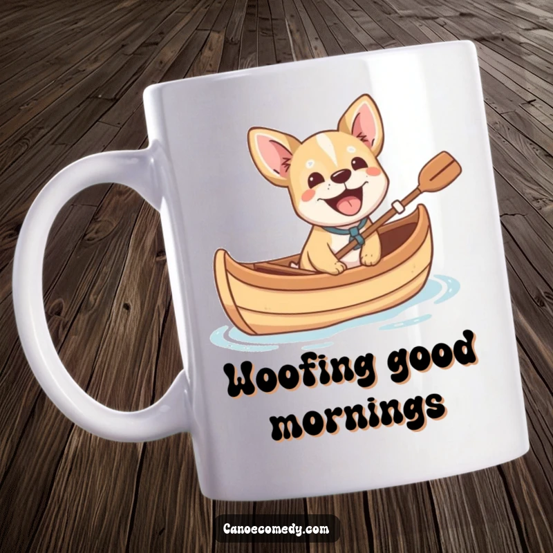 Funny small dog cheerfully barking with excitement from a canoe, capturing pure canine joy and adventure, perfect gift.