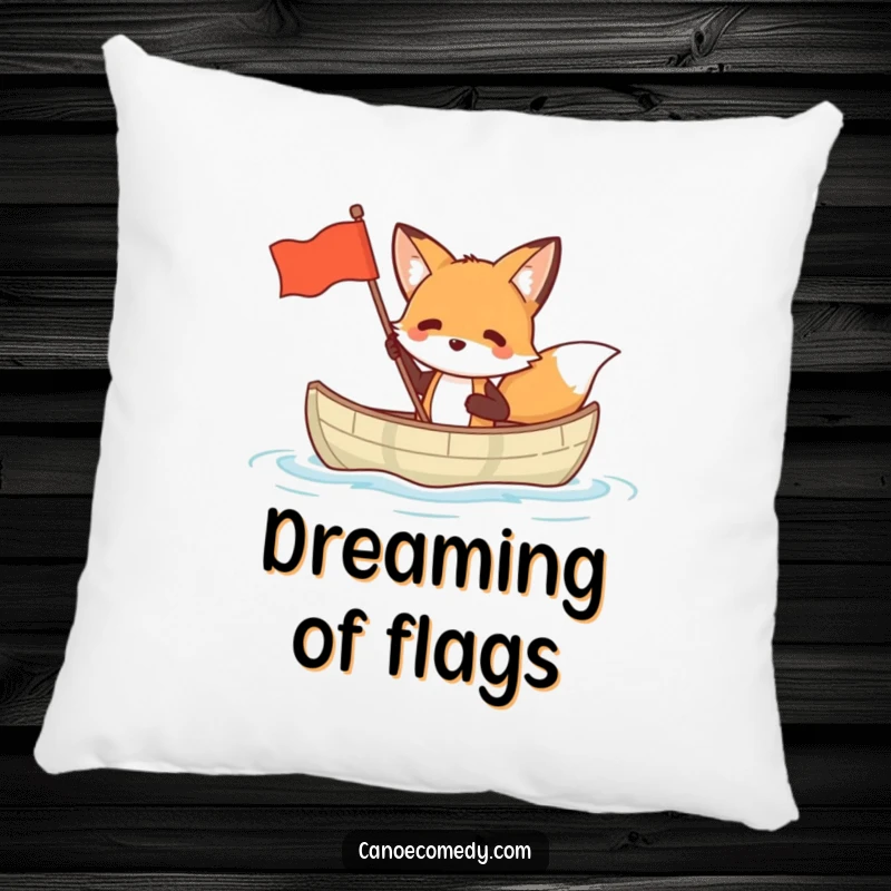 Funny decorative pillow featuring a fox in a small canoe waving a flag, adding comfort and witty charm.