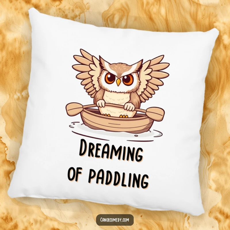 Funny Owl Paddling Canoe Pillow, illustrating a determined owl paddling a canoe, perfect for adding humor to any room.