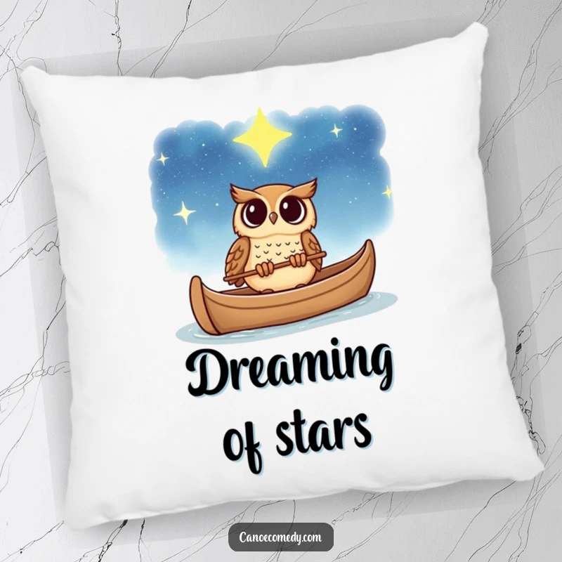 Funny owl pillow, shown gazing at a starry sky from a canoe, a soft and humorous accent piece for dreamers.