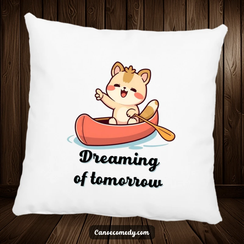 Funny Kawaii animal character excitedly pointing ahead from a canoe on a soft, decorative pillow.